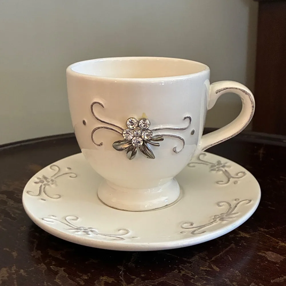 Romantic Cottage Rhinestone Floral‎ Teacup & Saucer Princess Tea Party Decor